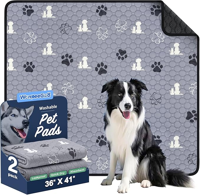 WanpeeGoo Washable Pee Pads for Dogs, 2 Pack Absorbent Reusable Training Dog Pads Pet Puppy Pads, Non-Slip Potty Pads for Whelping, Playpen, Crate, Bed, Grey 36"x41"