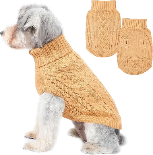 Dog Sweaters Small Dog Clothes for Winter Solid Knitted Puppy Sweater Warm Pet Cat Sweater Doggy Pullover Outfit with Heart-Shape Design(Light Brown, Medium)