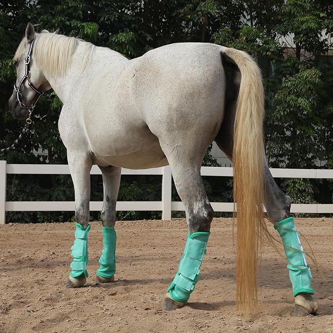 LEAFOREST Horse Fly Boots Set of 4 - Non Slip Leg Protection for Donkey Mini Pony Draft, Breathable Mesh Fly Boots for Pasture & Barn Use Green Full