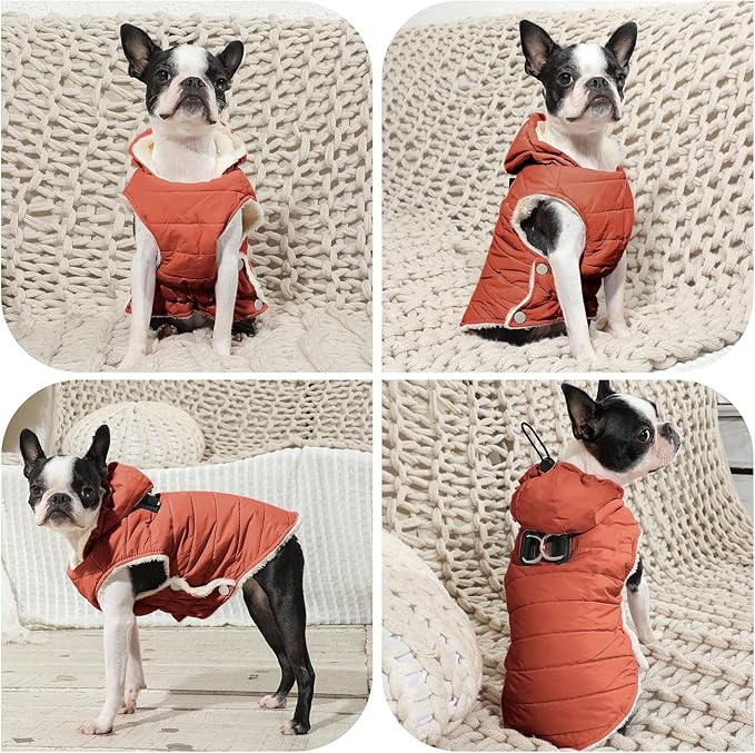 Vecomfy Fleece Lining Dog Hoodie with Harness Built in,Extra Warm Small Dog Jacket in Winter Puppy Coats with Drawstring Hooded,Orange S