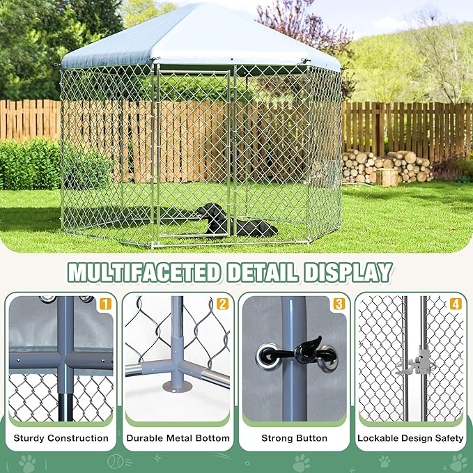 Large Dog Kennel Outside,Outdoor Dog Kennel with Roof,Large Dog Cage with Steel Fence Secure Lock for Garden/Yard (9.3X9.3X8.1 FT)