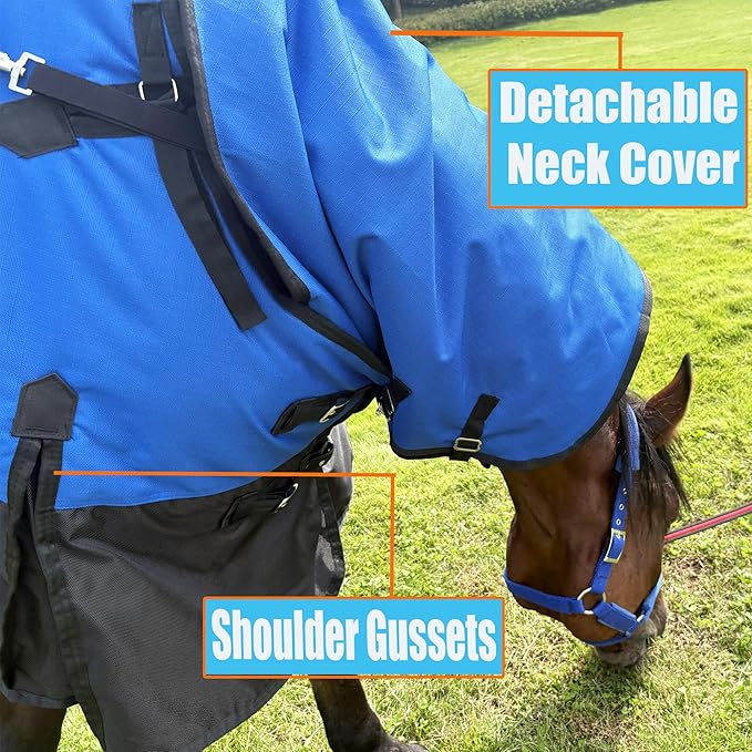 Horse Turnout Blanket, Heavy Weight Horses Blanket with 300g Poly Filling, Neck Cover & Belly Wrap, 1680D Waterproof Winter Blankets for Horses (Blue, US82 in(EU 155 cm))