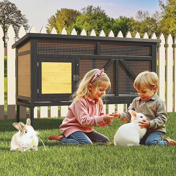 TIMHAKA 46.7" Rabbit Cage Elevated Bunny Cage Indoor, Outdoor Rabbit Hutch Hamster Cages for Small Animals, Wooden Guinea Pig Cages with Removable Tray & Waterproof Asphalt Roof & Bottom Wire Mesh