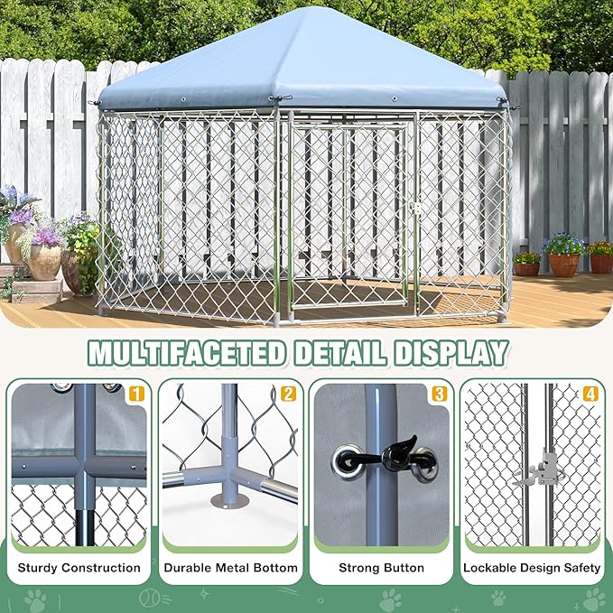 Large Dog Kennel Outside,Outdoor Dog Kennel with Roof,Large Dog Cage with Steel Fence Secure Lock for Garden/Yard (7x7x5 FT)