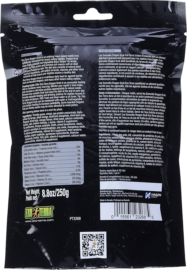 Exo Terra Dragon Grub Adult 8.8 oz – High-Protein Bearded Dragon Food with Black Soldier Fly Larvae – Nutrient-Rich, Insect-Based Pellets for Insect-Eating Reptiles, Supports Bone & Digestive Health
