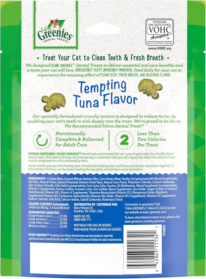 Greenies Cat Treats, Veterinarian-Recommended Adult Natural Dental Cat Treats, Tempting Tuna Flavor, 4.6 oz. Tub (Pack of 2) - Image 2
