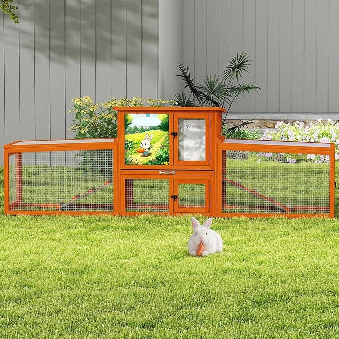 COZIWOW Large Wooden Rabbit Hutch Outdoor Indoor Bunny Cage, 2-Level Small Animal House Enclosure with All-Covered Sloped Roof (Orange with Warm)