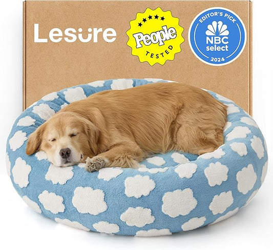 LE SURE Shown on TV Donut Dog Beds Extra Large Sized Dog - Round Pet Beds for Calming Puppy with Washable Cover, Orthopedic Modern Beds with Jacquard Shaggy Plush & Anti Slip Bottom, 42 Inch，Blue