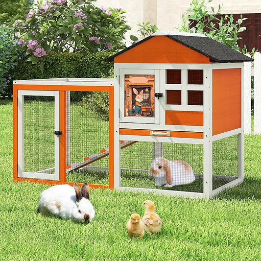 48" L Rabbit Hutch Outdoor Indoor, Expandable 2-Story Large Wooden Bunny Cage with Run, Removale Tray, Top-Opening Waterproof Roof, 2 Doors, DIY Drawing Board, Orange + Colorful Pattern