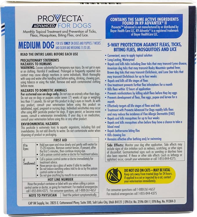 Provecta® Advanced for Medium Dogs (11–20 lbs) Flea and Tick Topical Treatment, 4-Month Supply