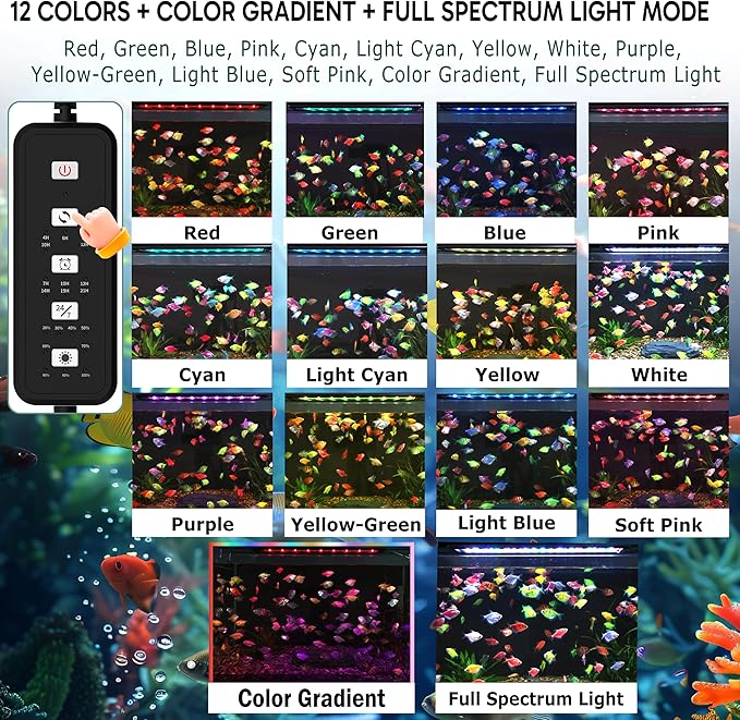 24/7 LED Aquarium Light for 36-46 Inch Plant & Fish Tank, 12-Color & Gradient & Full Spectrum with Auto On/Off, Brightness, Sunrise-Daylight-Moonlight, Extendable Brackets for Freshwater IP68