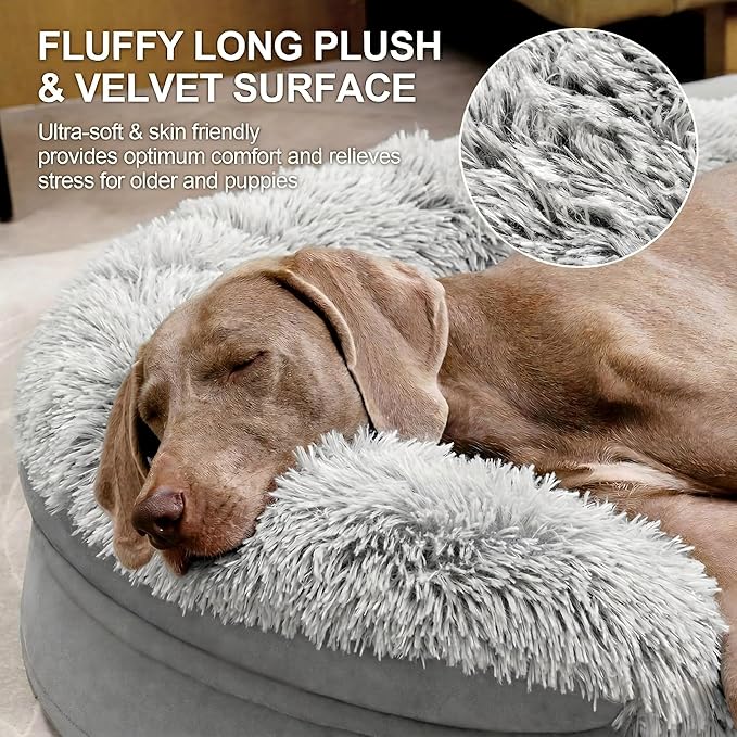 iweepet 3.7 inch Thickened Orthopedic Dog Beds for Extra Large Dogs, Fluffy Supportive Dog Sofa Bed with 28D Egg-Crate Foam, Removable Washable Cover, Waterproof Lining, Cozy Oval Design,Grey