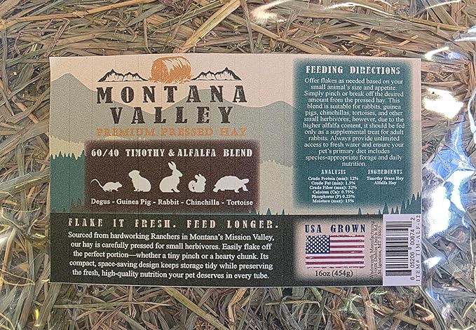 Timothy and Alfalfa Hay for Rabbits, Guinea Pigs and Hamsters, 60/40 Blend, Six 1 lb Bags, Natural Small Animal Forage, Montana Valley Hay, High Fiber Digestive Support For Daily Feeding Use