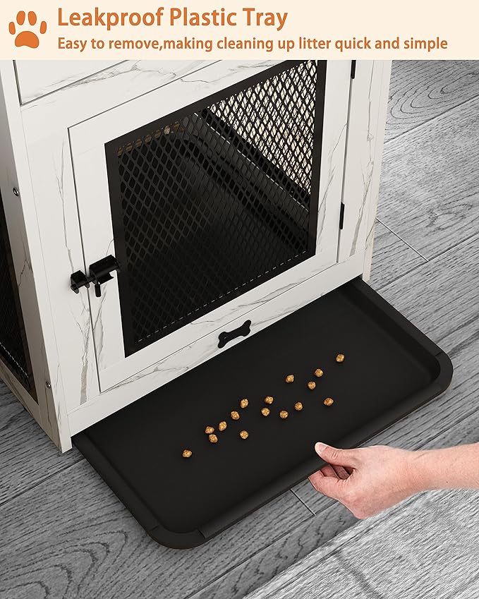 Piskyet Dog Crate Furniture,Wooden Dog Crate End Table with Storage Drawer&Cushion&Tray, QC3.0 Wireless Charging,Dual USB,Medium Dogs Marble White