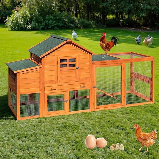 Large Chicken Coop Outdoor Durable Duck House Poultry Pet Hutch & 2 Wood Eggs Run Cage Nesting Box Waterproof Asphalt Roof Ramp Removable Tray Wire Fence for Backyard Small Animal79 Brown