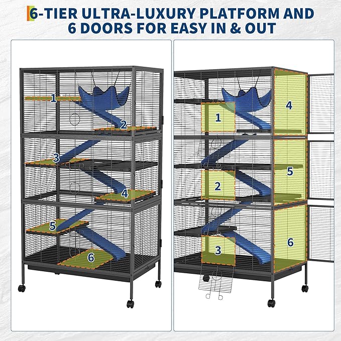 50" Large Ferret Cage, Small Animal Habitat with 5 Ramps, Hammock & Wheels, Spacious Multi-Level Design for Chinchillas, Rabbits, Sugar Gliders