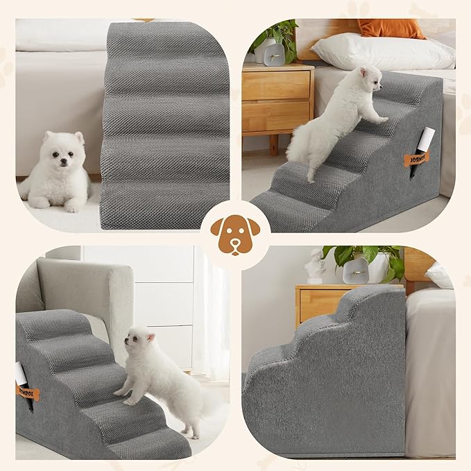 Romrol Dog Stairs Ramp for High Beds Couches, High Density Foam Pet Steps with Durable Non-Slip Waterproof Fabric Cover, Dog Stairs for Small Dogs or Cats or Pets, 5-Step, 22 Inch, Grey