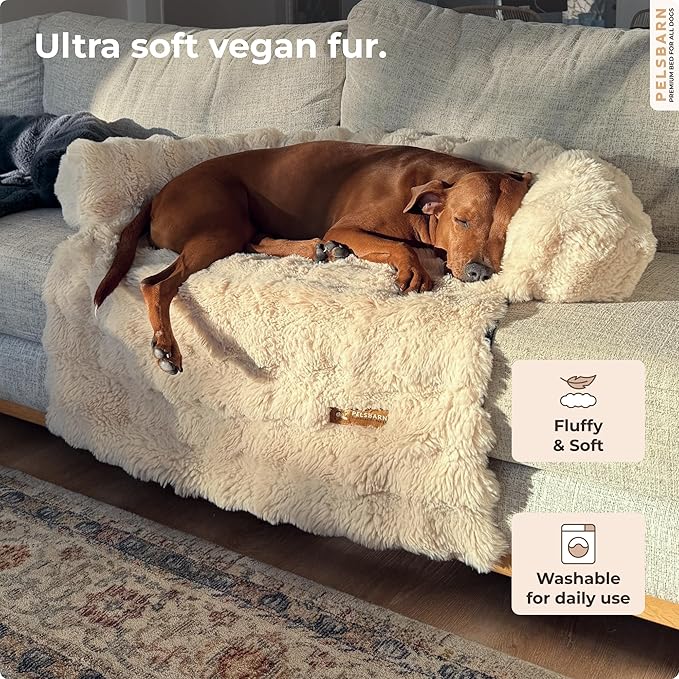 Pelsbarn Dog Bed for Couch, Luxurious Sofa Bed for Dogs with Non-Slip Oxford Bottom - Faux Rabbit Fur with Removable Cover, Large, Beige - 33x33 in