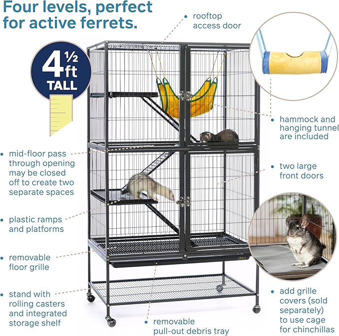 Prevue Pet Products Feisty Ferret Home Bundle with Stand, Black Hammertone with Hammock and Suede Ferret Tunnel