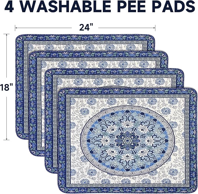Washable Pee Pads for Dogs 4 Pack,18"x24" Waterproof Non-Slip Reusable Puppy Pad with Fast Absorbent,Leakproof Whelping Pads for Pet Housebreaking (Indigo Blue Medallion, 18"x24"(Pack of 4))