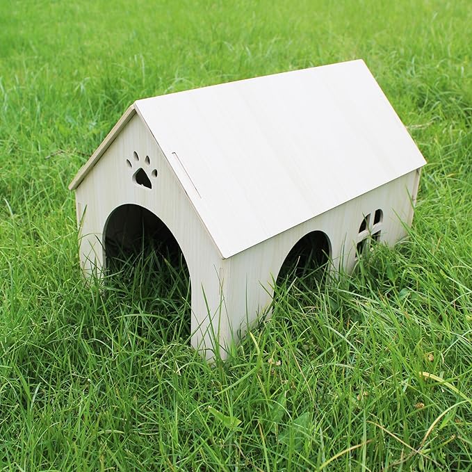 Amonk Guinea Pig Hideout 15x9x10 inch Large Size Wooden House with Window and Roof Wood Hut Habitats Decor for Bunny, Chinchillas, Dwarf Rabbits, Hamsters, and Other Small Pet Animals