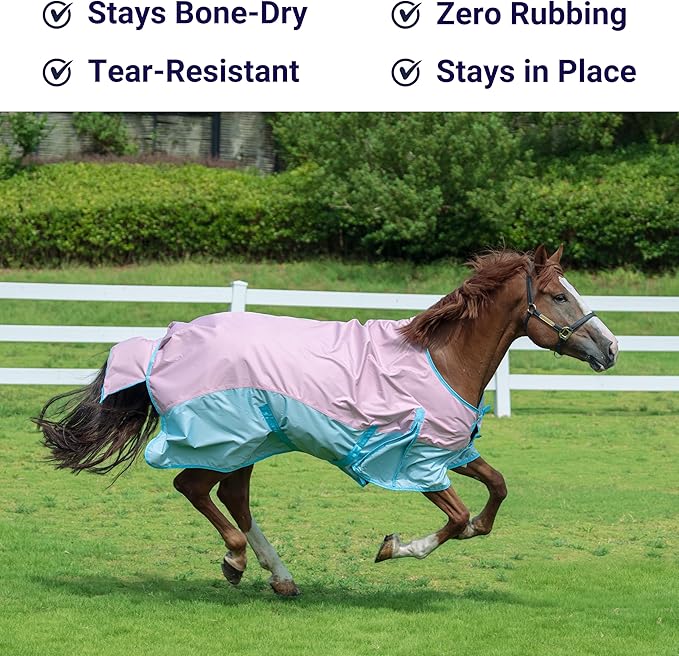 Horse Turnout Rain Sheet | 600 Denier Ripstop Turnout Blanket No Fill (0g) | Waterproof Lightweight Breathable | Tear-Resistant Outer & Rub-Free Silky Inner | Pink/Blue - 84 in