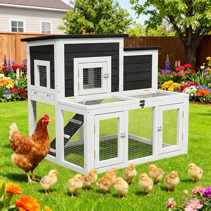 Small Chicken Coop for 2 Chickens,Wooden Chicken Coops with Nesting Boxes Indoor Outdoor,Bunny House Rabbit Hutch Poultry Pet Run Cage with 2 Waterproof Roof, Stairs&Leak-Proof-Tray (White)