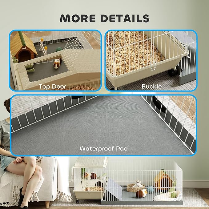 PawHut Small Animal Cage, Guinea Pig Cage with Removable Pet Playpen, Waterproof Pad, Food Dish, Water Bottle, Hay Feeder, Soft-Covered Ramp, Wheels, Hideaway, Balcony, for Hedgehog, Guinea Pig