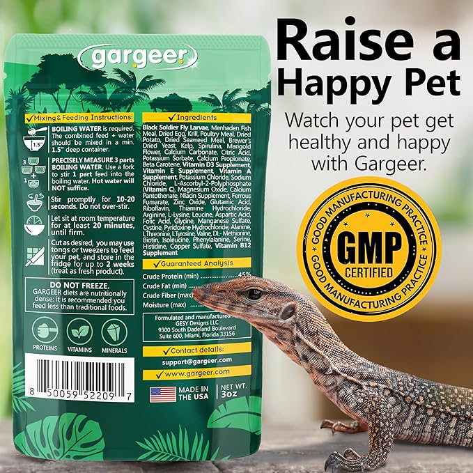 Gargeer 3oz Monitor Lizard Food. Complete Gel Diet for Both Juveniles and Adults. Proudly Made in The USA, Using Premium Ingredients, Fortified Gourmet Formula. Enjoy!