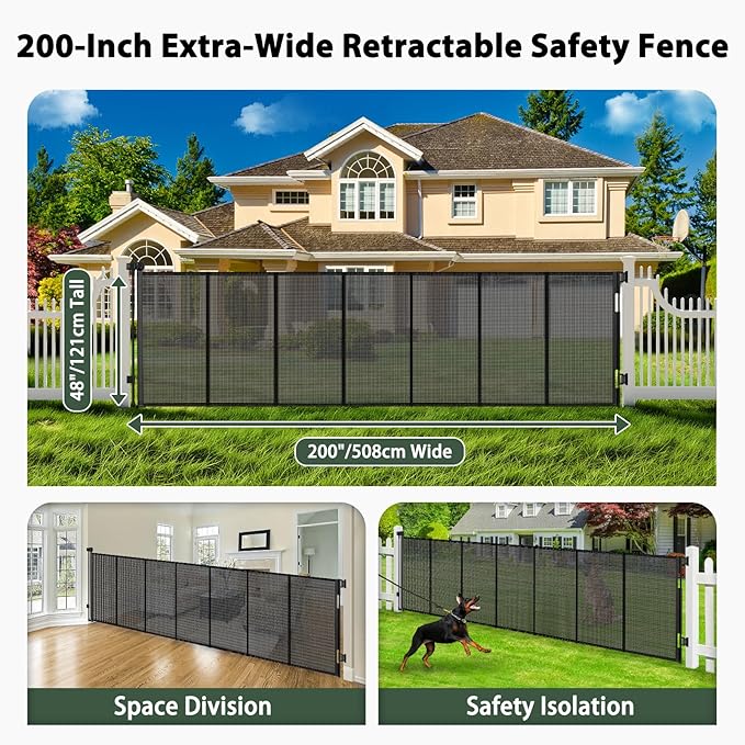 200" Retractable Baby Gates Extra Wide Dog Gates for Doorways, 48" Extra Tall Pet Gate Retractable Dog Gate, Long Baby Gate Retractable Fence Outdoor, Driveway Gate Retractable Garage Gate, Black