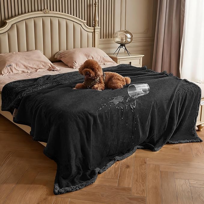 Kritter Planet Waterproof Bed Blanket for Dogs, Washable Stain Proof Pad Bed Cover, Reversible Leakproof Furniture Protector, Liquid Pee Proof Blanket for Couch Sofa, 80x60 inch, Queen Size, Black
