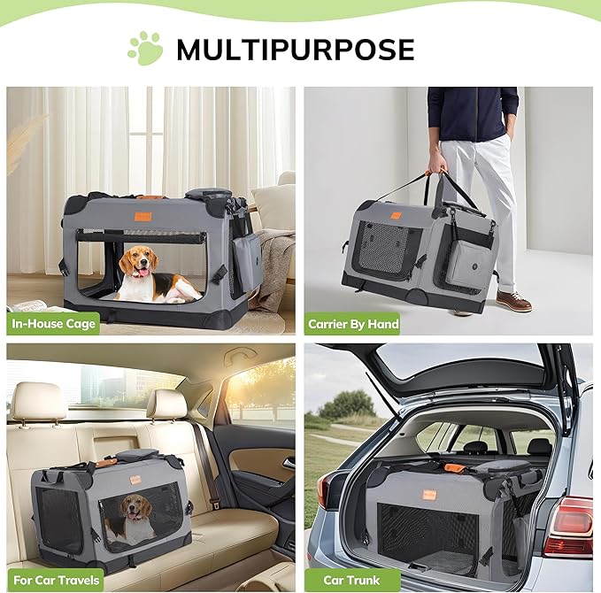 Morpilot 24-inch Portable Collapsible Dog Crate: Travel Dog Crate Soft-Sided for Small Dogs up to 27lbs, with Foldable Bowl, Shoulder Strap & Storage Pockets, Grey