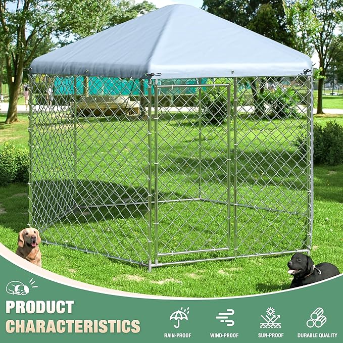 Large Dog Kennel Outside,Outdoor Dog Kennel with Roof,Large Dog Cage with Steel Fence Secure Lock for Garden/Yard (9.3X9.3X8.1 FT)