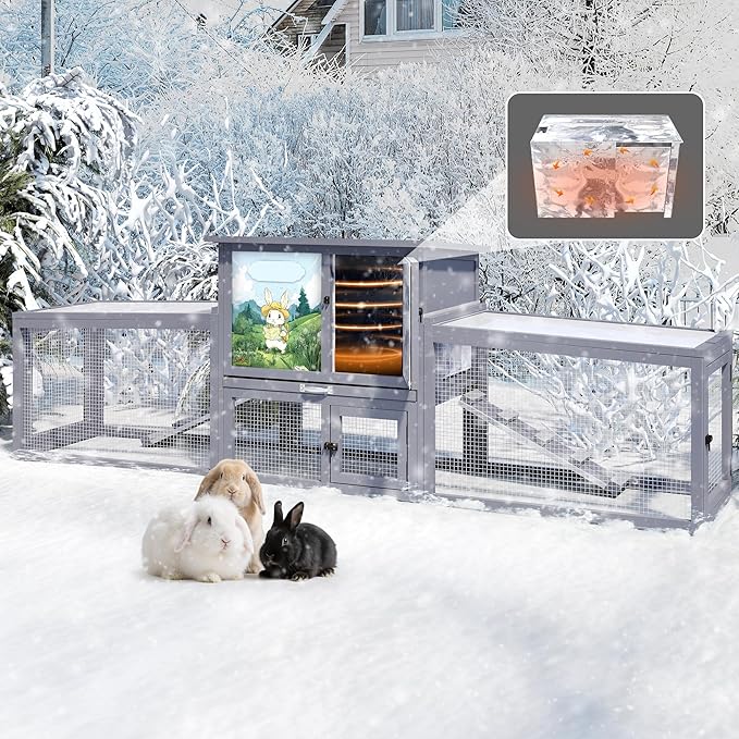 COZIWOW Large Wooden Rabbit Hutch Outdoor Indoor Bunny Cage, 2-Level Small Animal House Enclosure with All-Covered Sloped Roof (Grey with Warm)