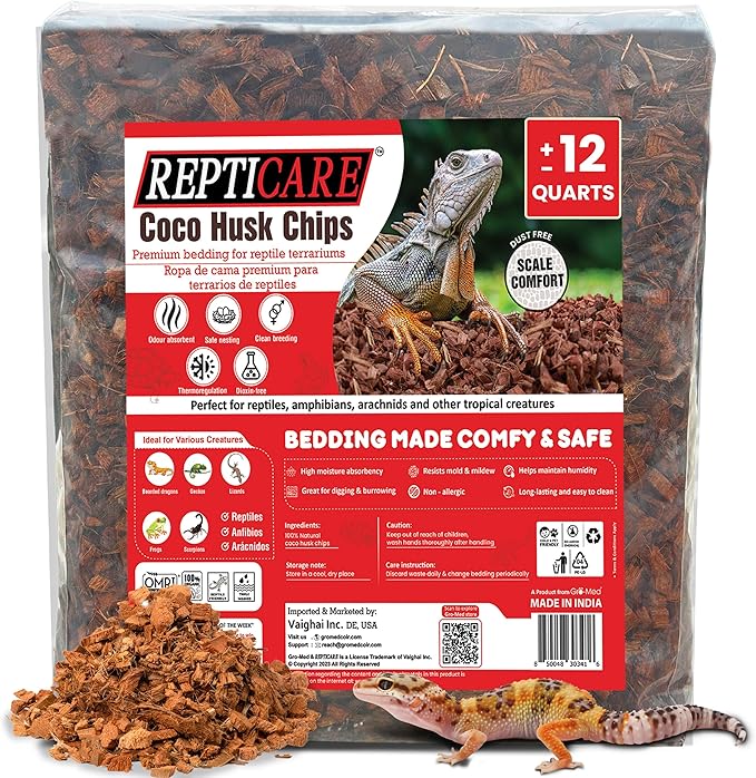 Gro-Med ReptiCare Coconut Husk Chips 12 Quarts of Ready to Use Organic Coco Husk Bedding for Ball Pythons, Snakes, Tortoises, Crested Geckos, Frogs, or Lizard Terrarium Tanks - 2.87 lb