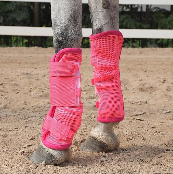 LEAFOREST Horse Fly Boots Set of 4 - Non Slip Leg Protection for Donkey Mini Pony Draft, Breathable Mesh Fly Boots for Pasture & Barn Use Pink Pony