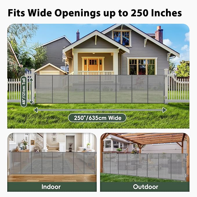 250" Extra Wide Retractable Baby Gates, Reinforced 21ft Large Baby Gate Retractable Pet Gates for Wide Openings, 48" Extra Tall Pet Gate Outdoor Retractable Gate, Long Dog Gate Retractable Fence, Gray