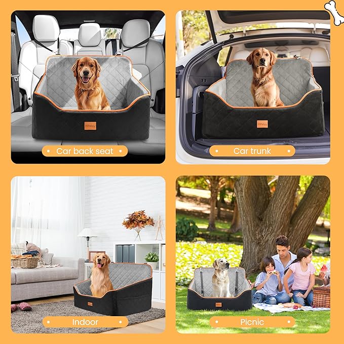 Dog Car Seat for Small Dog with Washable Mat, Memory Foam Booster Seat for Dogs Under 55lb, Elevated Pet Seat with Pockets, Anti-Slip Bed for Car, Perfect for Back Seats & Trunk with 2 Safety Leashes