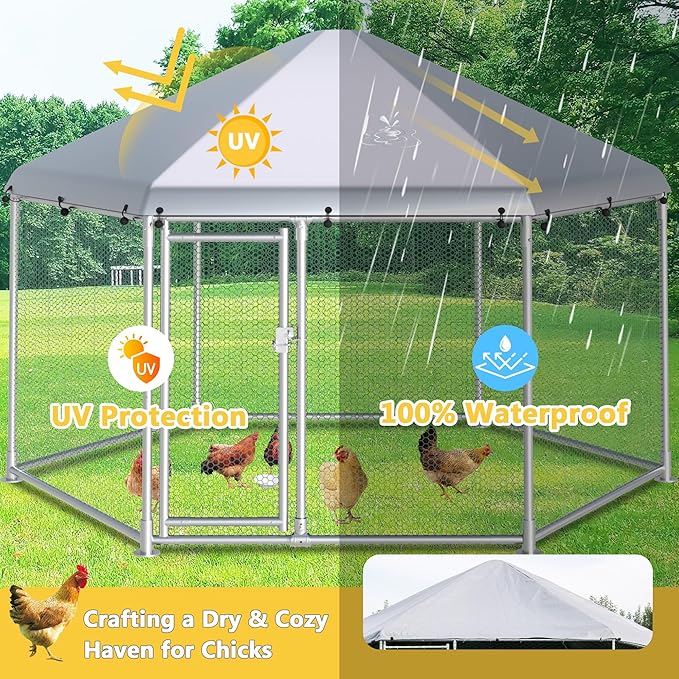 Large Chicken Coop Metal Chicken Runs for Yard with Cover Outdoor Hexagonal Chicken Coop Pet Pens Poultry Cage Duck Rabbit House Backyard Use