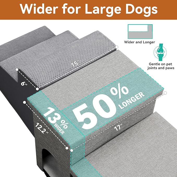 Zerbuger Dog Stairs 23" H, 4-Step Wider Dog Steps for High Beds Window, Folding Storage Pet Stairs Gift for Small/Medium/Large Old Dogs Cats, Ramp for Climbing Car Up to 200 lbs (Gray, with Condo)