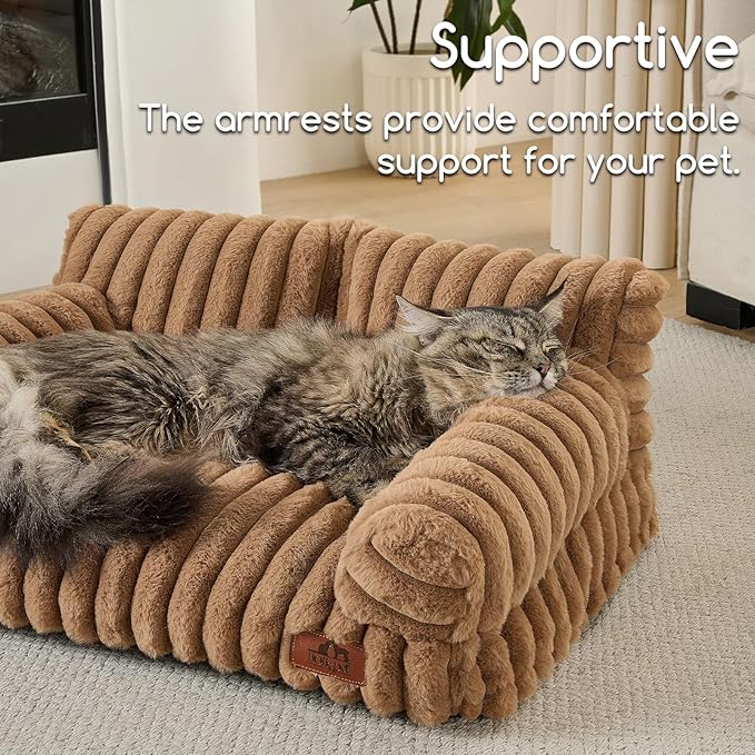 Hollypet Fluffy Dog Cat Bed Pet Couch Beds Plush Soft Warming Washable Puppy Bed for Small Medium Dogs and Large Cats, Brown, 24" L x 18" W x 10" Th