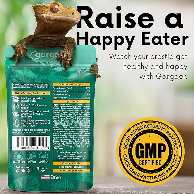 Gargeer 2oz Complete Crested Gecko Food Diet. Premium Mix, Ready to Use Freshly Made Powder. Unique Formula, Developed & Made in the USA. Enjoy! (Fruit Blend)