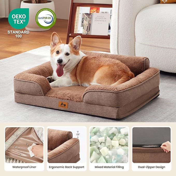 Orthopedic Dog Beds for Medium Size Dogs, Waterproof Egg-Crate Foam Pet Couch Bed with Soft Sides, Non-Slip Dog Sofa with Fleece Removable Washable Cover, 35" L Supportive Pet Sofa, Brown