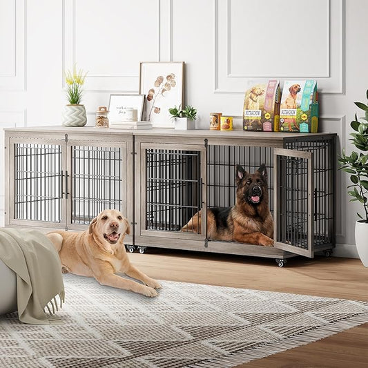 YaFiti Dog Crate Furniture with Cushion Set of 2, Wooden Dog Kennel Indoor with Double Doors, Dog Cage with Wheels, Dog House Side End Table for Large Dogs up to 85 lb, 44" L, Grey
