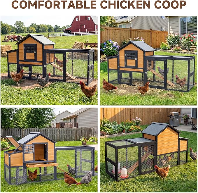 Large Chicken Coop Outdoor Durable Duck House Poultry Pet Hutch & 2 Wood Eggs Run Cage Nesting Box Waterproof Asphalt Roof Ramp Removable Tray Wire Fence for Backyard Small Animal 79" Orange