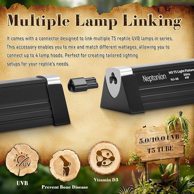 39W Reptile T5 HO UVB 34.5" 10.0 Light Fixture with Tube, Strong UVB Hood for Terrariums, Suitable for Desert Reptiles Like Sulcata Tortoise