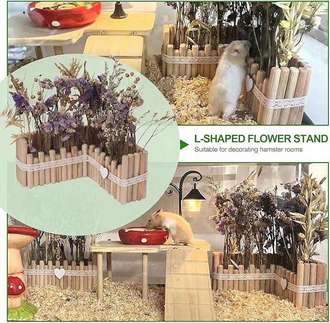 Hamster Cage Sprays Flower Foraging Holder - Natural Wood Feeding Stand, Small Pet Habitat Accessories for Hamsters Mouse Guinea Pig Dwarf Gerbils Syrian Mice (Lace - L Shape)