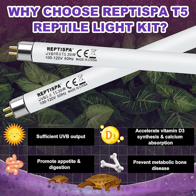 T5 HO UVB Lighting Combo Kit, 39W Reptile Light Fixture with Fluorescent Light Bulbs, Desert 10.0 UVB Light for Reptiles and Amphibians, Basking Light for Bearded Dragon, High Output Natural Light