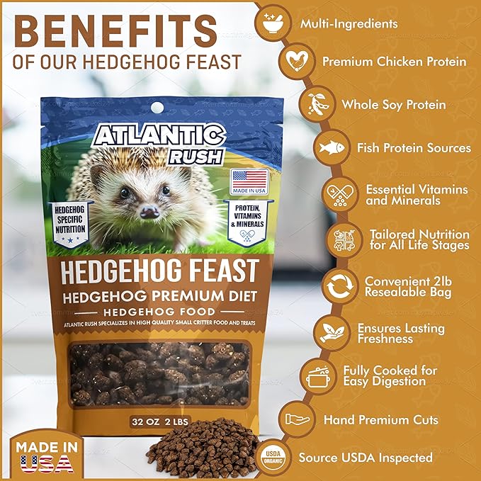 Atlantic Rush Hedgehog Feast Premium Food - Resealable Bag of Hedge Hog Delite- Small Critter Supplies Hedge Hog Food - Hedgehog Treats- Sourced & Made in The USA (2lb Hedgehog Feast)