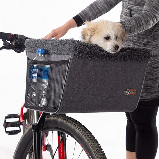 K&H Dog Bike Basket Front Mount, Pet Bike Carrier for Small Dogs & Cats, Bicycle Dog Basket with Safety Leash, Washable Liner, Heavy Duty Metal Frame, Universal Fit, 16x12x10 in